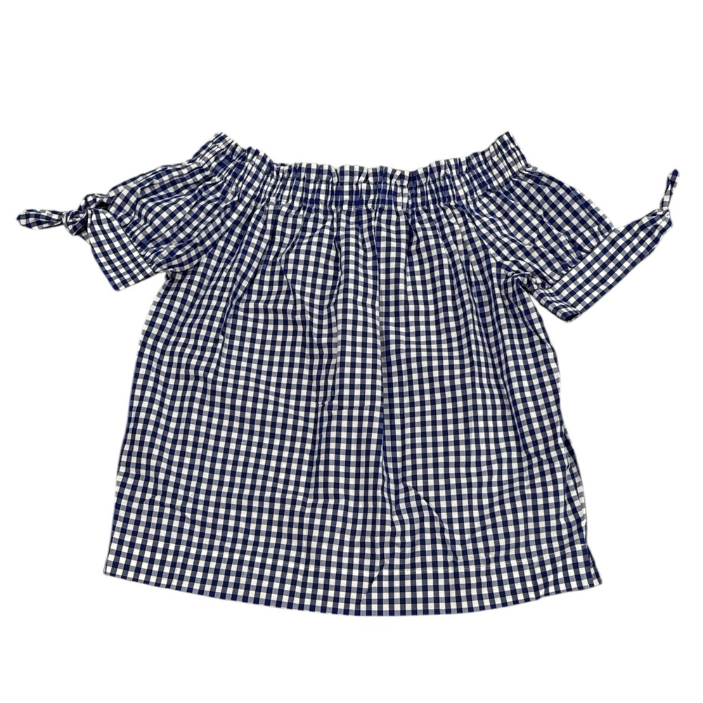 J Crew Off the Shoulder Blue White Gingham Top - Picture 3 of 9